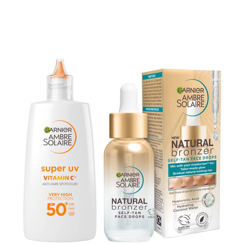 Garnier Glow and Protect Duo: Natural Bronzer Self-Tan Drops and Ambre Solaire Vitamin C Facial SPF50+ Fluid von Garnier