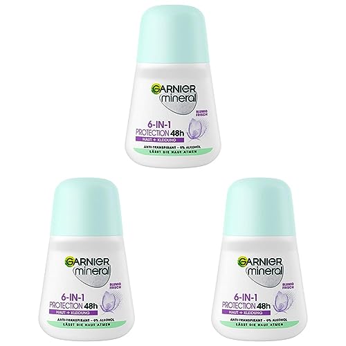 Garnier Roll-On Deo für Frauen, Deodorant mit frischem Duft und bis zu 48 Stunden Schutz vor Achselnässe und Körpergeruch, Mineral Protection 6in1 Anti-Transpirant, 1 x 50 ml (Packung mit 3) von Garnier