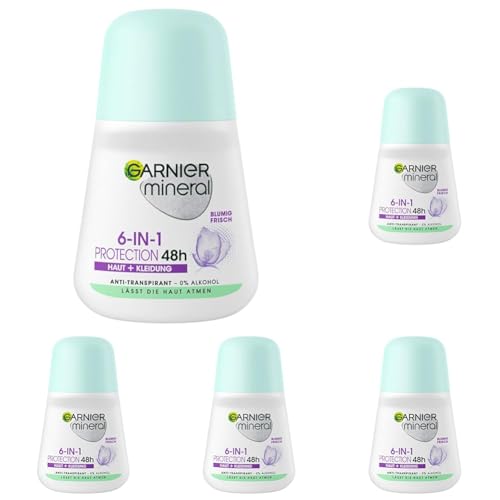 Garnier Roll-On Deo für Frauen, Deodorant mit frischem Duft und bis zu 48 Stunden Schutz vor Achselnässe und Körpergeruch, Mineral Protection 6in1 Anti-Transpirant, 1 x 50 ml (Packung mit 5) von Garnier