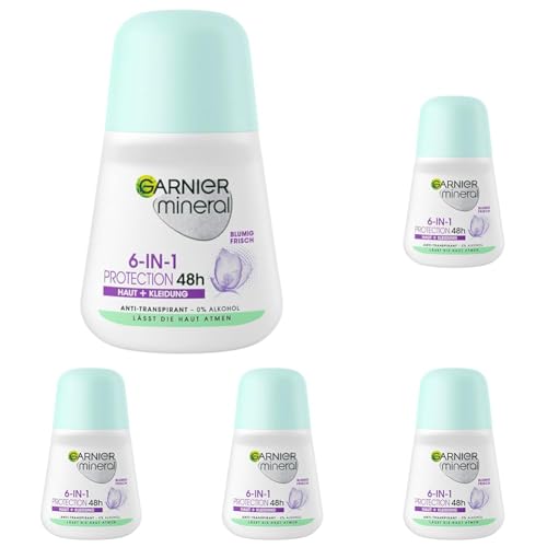 Garnier Roll-On Deo für Frauen, Deodorant mit frischem Duft und bis zu 48 Stunden Schutz vor Achselnässe und Körpergeruch, Mineral Protection 6in1 Anti-Transpirant, 1 x 50 ml (Packung mit 5) von Garnier