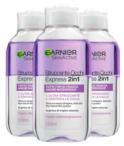 Garnier Skin Active Augen-Make-up-Entferner Express 2in1, entfernt Make-up, wasserfest, stärkt die Wimpern, sanfte Formel mit Arginin natürlichen Ursprungs - 3 Flaschen à 125 ml von Garnier