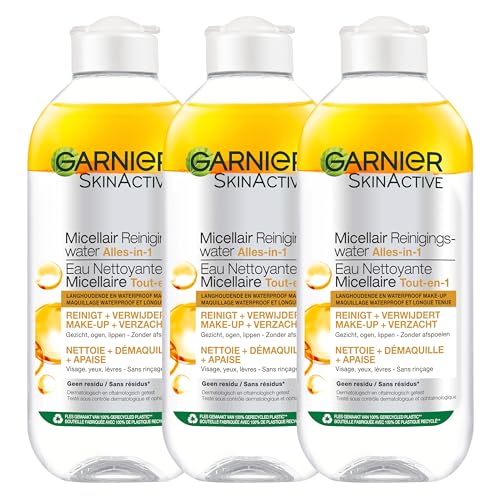 Garnier Skin Active Micellar Reinigungswasser für Langanhaltendes und wasserdichtes Make-up - 3 x 400 ml - Micelair Water Vorteilspack von Garnier