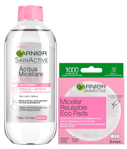Garnier Skin Active Mizellares Wasser All-in-1 für empfindliche Haut Make-up-Entferner ohne Ausspülen 400 ml + Eco Pads Mizellen Make-up-Entferner aus Mikrofaser, waschbar, wiederverwendbar, Packung von Garnier