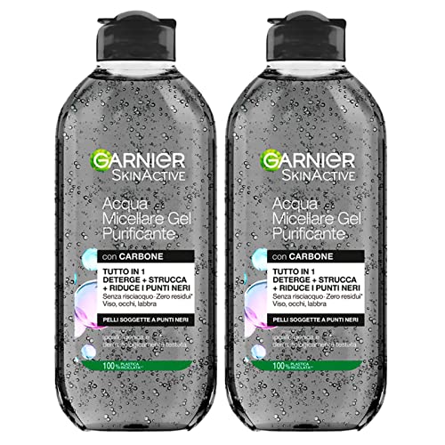 Garnier SkinActive Micellares Wasser Reinigungsgel Make-up Entferner All-in-1 mit Holzkohle für Mitesser Hypoallergene Formel ohne Ausspülen für Gesicht, Augen und Lippen – 2 Flaschen à 400 ml von Garnier