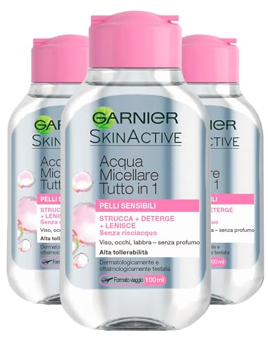 Garnier SkinActive Mizellares Wasser All-in-1 für empfindliche Haut Entferner beruhigt ohne Ausspülen, Reisegröße – 3 Flaschen à 100 ml von Garnier