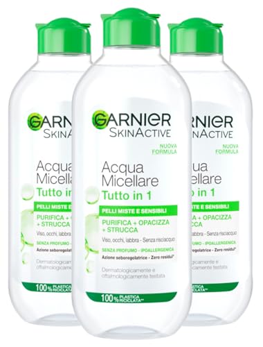 Garnier SkinActive Mizellarwasser All-in-1 Mischhaut und empfindliche Haut Reinigt Mattierender Strucca ohne Ausspülen mit Talgregulierung – 3 Flaschen à 400 ml Garnier SkinActive Mizellarwasser All-in-1 Mischhaut und empfindliche Haut Reinigt Mattierender Strucca ohne Ausspülen mit Talgregulierung – 3 Flaschen à 400 ml von Garnier