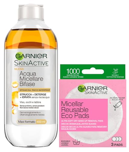 Garnier SkinActive zweiphasiges Mizellenwasser Make-up-Entferner für Gesicht Augen Lippen 400 ml + Eco Pads Mizellen Make-up-Entferner aus Mikrofaser, waschbar und wiederverwendbar, Packung mit 3 Pads von Garnier