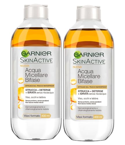 Garnier SkinActive zweiphasiges Mizellenwasser ohne Ausspülen entfernt Make-up Waterproof Make-up-Entferner feuchtigkeitsspendend für Gesicht Augen Lippen Formel ohne Duft – 2 Flaschen 400 ml von Garnier