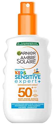 Garnier Sonnencreme LSF 50+ für Kinder, Wasserfest und resistent gegen Sand, Ambre Solaire Kids Sensitive expert+ Sonnenschutzspray, 1 x 200 ml von Garnier