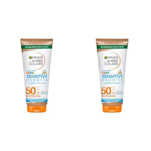 Garnier Sonnenschutzmilch mit LSF 50+ für Kinder, Sonnencreme mit sehr hohem Sonnenschutz, Anti-Austrocknung der Haut, Ambre Solaire Kids Sensitive expert+, 1 x 175 ml (Packung mit 2) von Garnier