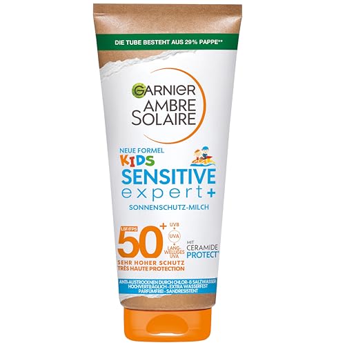Garnier Sonnenschutzmilch mit LSF 50+ für Kinder, Sonnencreme mit sehr hohem Sonnenschutz, Anti-Austrocknung der Haut, Ambre Solaire Kids Sensitive expert+, 1 x 175 ml von Garnier
