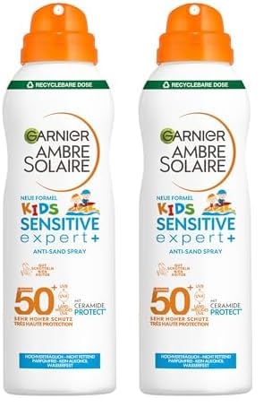 Garnier Sonnenspray LSF 50 für Kinder, Wasserfest und Sandabweisend, Ambre Solaire Kids Sensitive expert+ Anti-Sand Spray LSF 50+, 1 x 150 ml (Packung mit 2) von Garnier