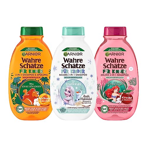 Garnier Wahre Schätze für Kinder 2in1 mildes Shampoo-Set, Disney Edition, Geschenkset, Arielle, Elsa, König der Löwen, hochverträglich, vegan, Aprikose Kirsche Hafermilch, 3x 250ml von Garnier