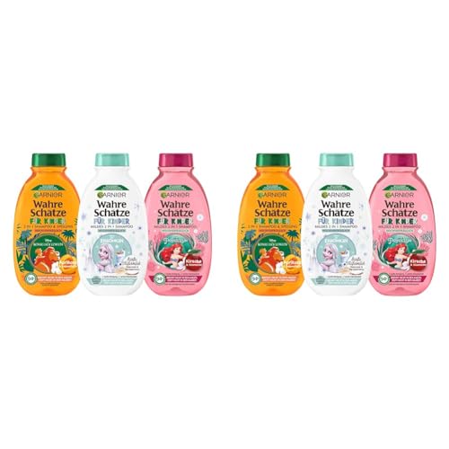 Garnier Wahre Schätze für Kinder 2in1 mildes Shampoo-Set, Disney Edition, Geschenkset, Arielle, Elsa, König der Löwen, hochverträglich, vegan, Aprikose Kirsche Hafermilch, 3x 250ml (Packung mit 2) von Garnier