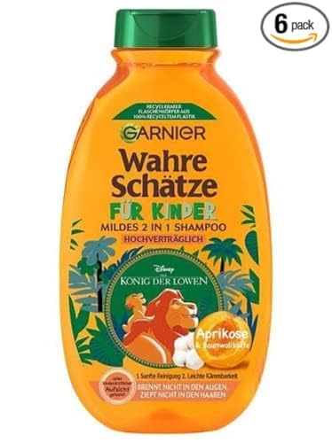 Garnier Shampoo für Kinder, Mildes 2-in1 Pflegeshampoo für empfindliches Haar und leichte Kämmbarkeit, Mit Aprikose und Baumwollblüte, Wahre Schätze Kids, 6 x 250 ml von Garnier