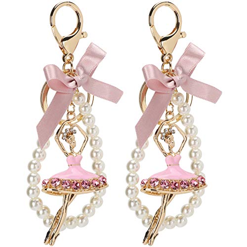 Garosa 2 Stück Crystal Ballerina Dancer Schlüsselring Schlüsselbund Anhänger Ballett Mädchen Diamant besetzt Bowknot Pearl Bag Metall Schlüsselring von Garosa