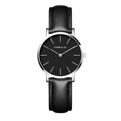 Garrulax Damen ultradünnes Gehäuse Analoge Quarzuhr Armbanduhren 36MM(Silber, Schwarze Oberfläche und schwarzes Leder) von Garrulax