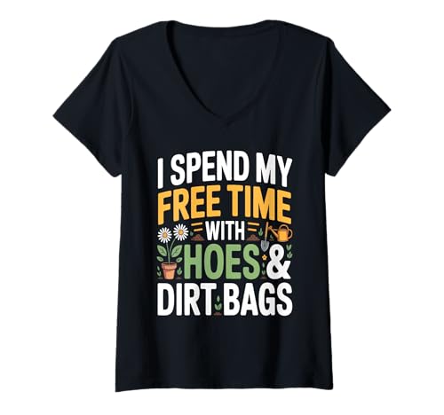 Damen Ich verbringe Meine Freizeit mit Hacken und Schmutzbeuteln T-Shirt mit V-Ausschnitt Damen Ich verbringe Meine Freizeit mit Hacken und Schmutzbeuteln T-Shirt mit V-Ausschnitt von Gartenhumor Hacken Schmutz Blumen Pflanzen Grafik
