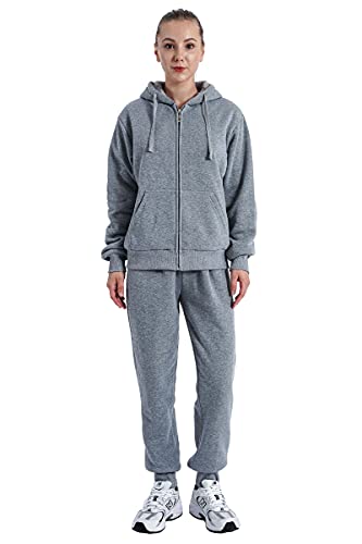 2 Stück Outfits Damen Fleece Sherpa Gefüttert Sweatsuits Langarm Hoodie und Sweathose Winter Warm Trainingsanzug Set Reißverschluss Up, Lt.grey, X-Large von Gary Com