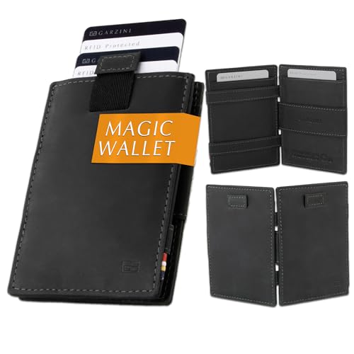 GARZINI Magic Wallet, RFID Geldbeutel für Herren aus echtem Leder mit Platz für 12 Karten, Mini Geldbörse als Geschenk für Männer, mit Pull-Tab System, Carbon Black von GARZINI