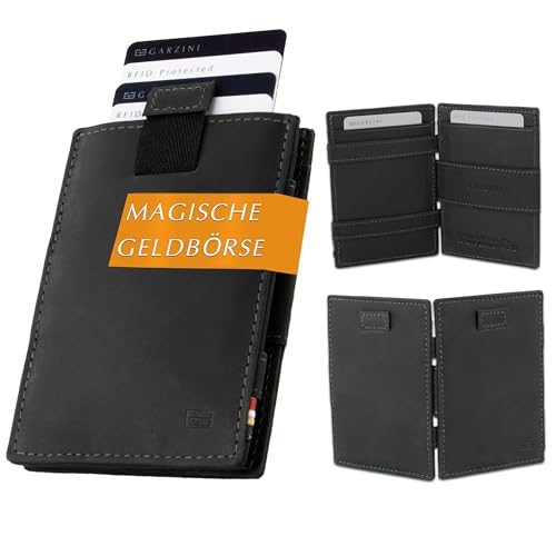 GARZINI Magic Wallet, RFID Geldbeutel für Herren aus echtem Leder mit Platz für 12 Karten, Mini Geldbörse als Geschenk für Männer, mit Pull-Tab System, Carbon Black von GARZINI