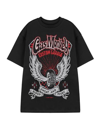 Gas Monkey Garage Gas Monkey Herren T-Shirt | American Garage Kurzarm-Grafik-T-Shirt für Erwachsene in Schwarz | Distressed Winged Tire Blood, Sweat & Beers Casual Apparel Top | GMG-Auto-Merchandise von Gas Monkey Garage