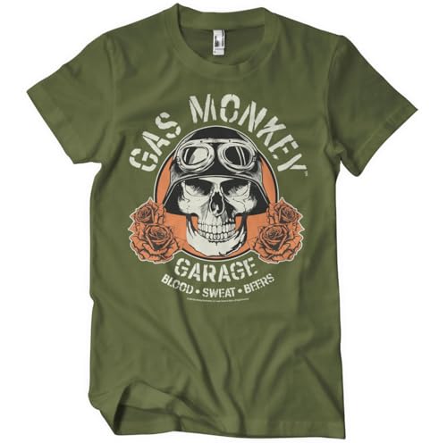 Gas Monkey Garage Offizielles Lizenzprodukt Skull Herren-T-Shirt (Olive), Large von Gas Monkey Garage