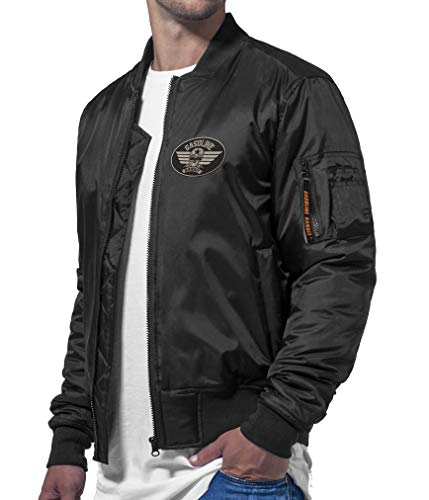 Gasoline Bandit Coole schwarze Bomberjacke Stick-Patch und orangen Innenfutter von Gasoline Bandit