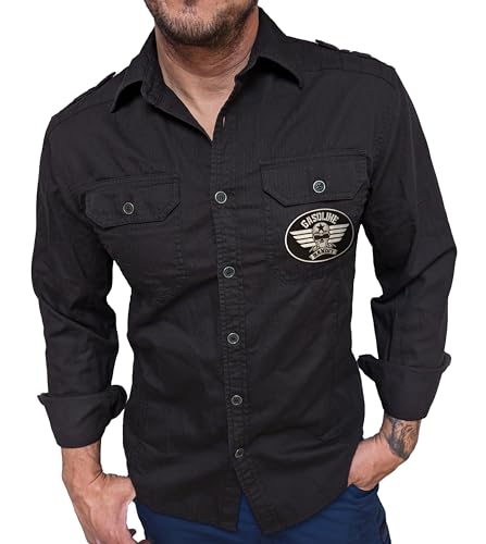 Gasoline Bandit Schweres Biker Racer Worker Herren-Jeans-Hemd mit Stick Patch tailliert schwarz - Reine Baumwolle von Gasoline Bandit