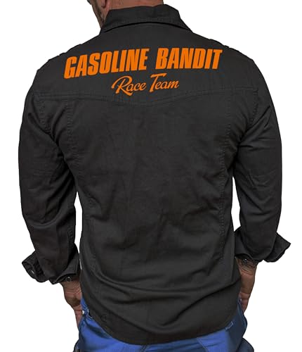 Gasoline Bandit Schweres Biker Racer Worker Herren-Jeans-Hemd mit Stick Patch und Rückendruck tailliert schwarz - Reine Baumwolle von Gasoline Bandit
