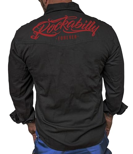 Gasoline Bandit Schweres Rockabilly Worker Herren-Jeans-Hemd mit Stick Patch und Rückendruck tailliert schwarz - Reine Baumwolle von Gasoline Bandit
