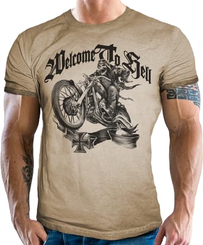 Vintage Retro Used-Look Herren T-Shirt für Motorradfahrer und Biker : Welcome to Hell Skullrider von Gasoline Bandit