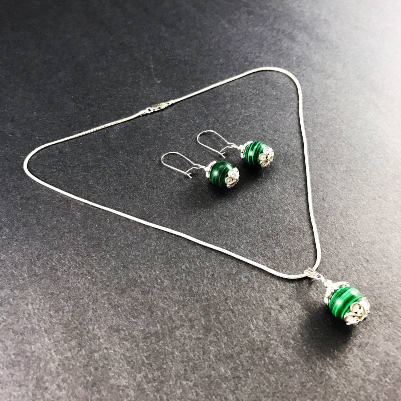 Filigrane Malachit Halskette Und Ohrringe, Sterling Silber Schmuck von GaspriAtelier