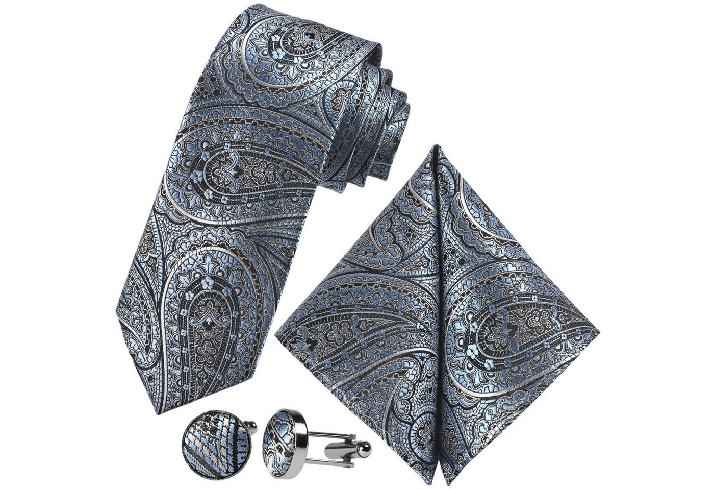 GASSANI Krawatte Hochzeitskrawatte Paisley Festlich, Herren-Krawatte Hochzeit Schlips (Set, 3-St., Krawattenset, Einstecktuch, Manschettenknöpfe) Dünn, Schmal, Slim Tie, Satin Jacquard Floral Gemustert, Seide-Touch von GASSANI