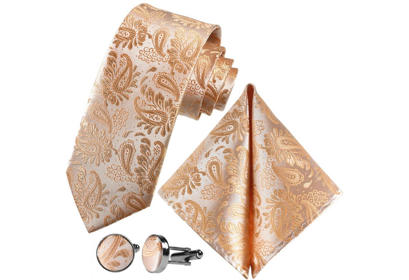 GASSANI Krawatte Hochzeitskrawatte Paisley Festlich, Herren-Krawatte Hochzeit Schlips (Set, 3-St., Krawattenset, Einstecktuch, Manschettenknöpfe) Dünn, Schmal, Slim Tie, Satin Jacquard Floral Gemustert, Seide-Touch von GASSANI