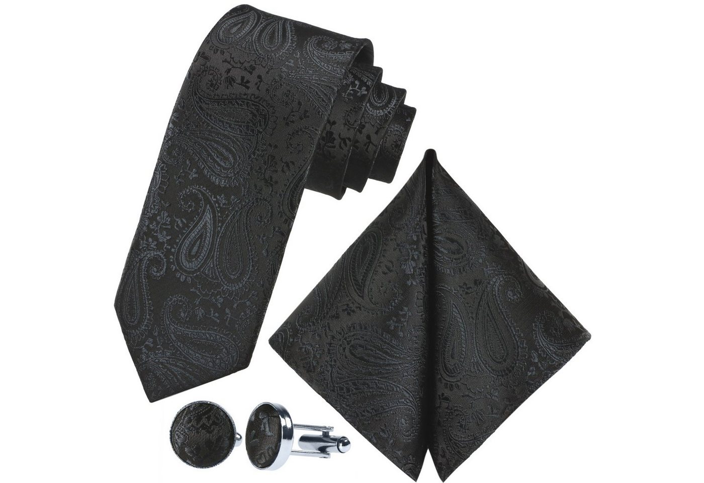 GASSANI Krawatte Hochzeitskrawatte Paisley Festlich, Herren-Krawatte Hochzeit Schlips (Set, 3-St., Krawattenset, Einstecktuch, Manschettenknöpfe) Dünn, Schmal, Slim Tie, Satin Jacquard Floral Gemustert, Seide-Touch von GASSANI