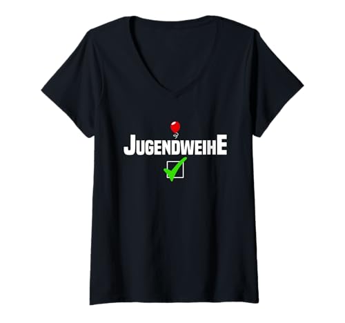 Damen Glückwünsch Outfit Lustig Danke Ballon Mitgebsel Jugendweihe T-Shirt mit V-Ausschnitt Damen Glückwünsch Outfit Lustig Danke Ballon Mitgebsel Jugendweihe T-Shirt mit V-Ausschnitt von Gastgeschenke Jugendweihe