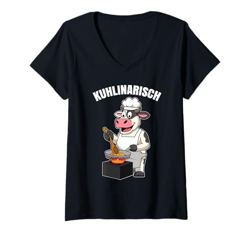 Damen Chefkoch Kuh Kochen Koch Kuhlinarisch T-Shirt mit V-Ausschnitt Damen Chefkoch Kuh Kochen Koch Kuhlinarisch T-Shirt mit V-Ausschnitt von Gastronomie Restaurant Kühe Kochen Motiv