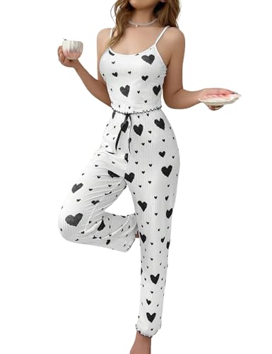 Damen 2-Teiliges Pyjama Set mit Herz-Print Camisole Top und Hose Set, Sexy Schlafanzug Süße Bequemes Ärmellos Sleepwear Lounge Set (DE/NL/SE/PL, Alphanumerisch, M, Regular, Regular, Weiß + Schwarz) Damen 2-Teiliges Pyjama Set mit Herz-Print Camisole Top und Hose Set, Sexy Schlafanzug Süße Bequemes Ärmellos Sleepwear Lounge Set (DE/NL/SE/PL, Alphanumerisch, M, Regular, Regular, Weiß + Schwarz) von Gatamiau