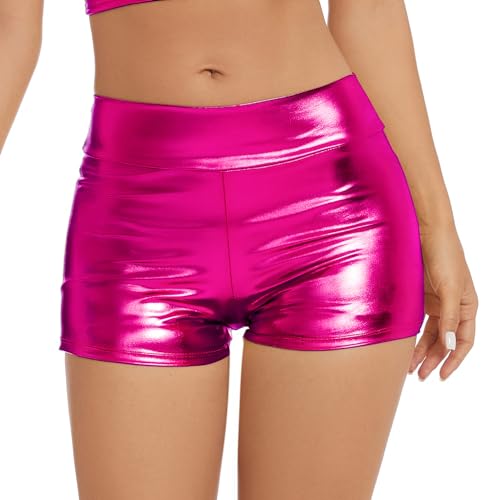 Gatielzana Damen Metallic Rave Booty Shorts Glänzend Hohe Taille Hose für Tanzfestival, Knallpink (Hot Pink), Mittel von Gatielzana