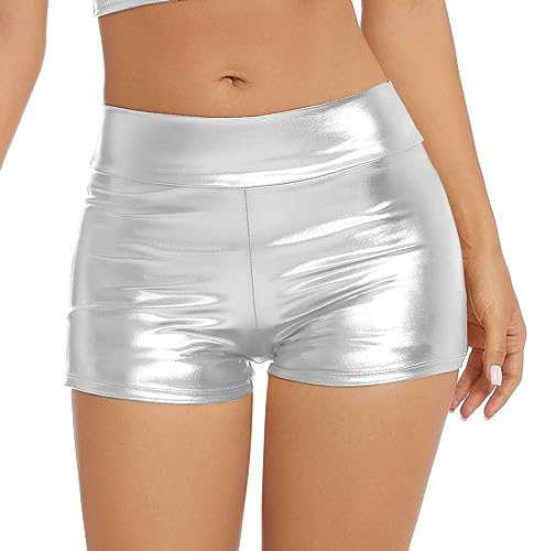 Gatielzana Damen Metallic Rave Booty Shorts Glänzend Hohe Taille Hosen für Tanzfestival, silber, X-Klein Gatielzana Damen Metallic Rave Booty Shorts Glänzend Hohe Taille Hosen für Tanzfestival, silber, X-Klein von Gatielzana