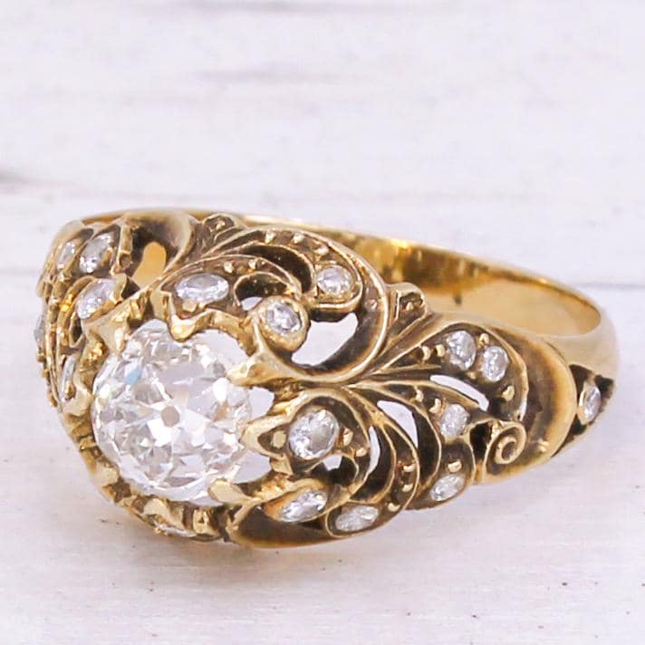 Mid Century 0.79 Karat Altschliff Diamant Verzierter Solitärring, Circa 1965 Mid Century 0.79 Karat Altschliff Diamant Verzierter Solitärring, Circa 1965 von GatsbyJewels