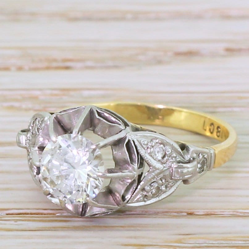 Mid Century 0.86 Karat Diamant Verlobungsring Übergangsschliff, Um 1950 von GatsbyJewels