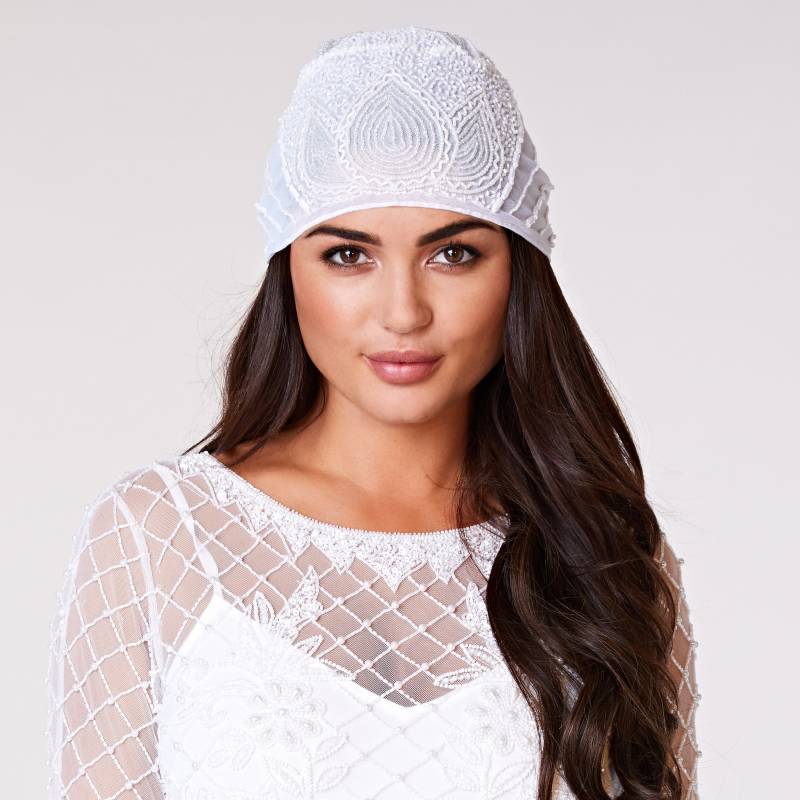 Beatrice White Handverziertes Kopfstück Cap Turban Charleston Great Gatsby Flapper Vintage Inspiriert 20Er Jahre Downton Abtei Art Deco Sprechblase von Gatsbylady
