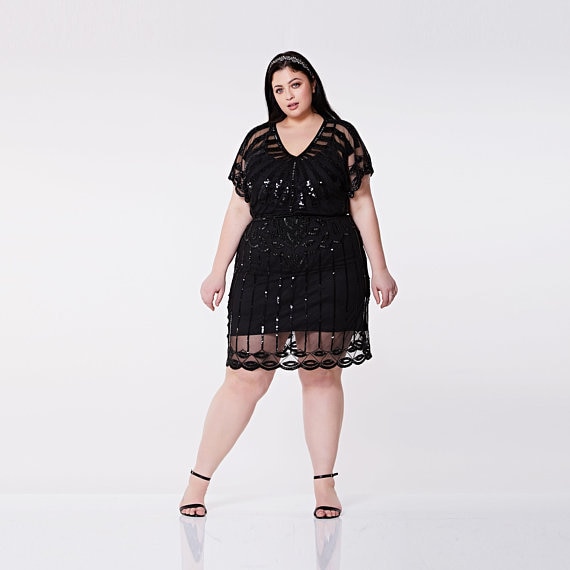 Plus Size Black Angel Sleeve Tie Kleid 20Er Jahre Flapper Great Gatsby Flüsterkneipe Art Deco Brautjungfern Hochzeit Retro Jazz Age Abiball von Gatsbylady