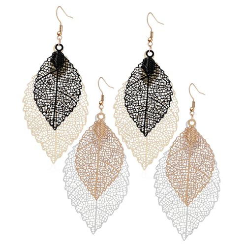 Gatuida 2 Paare Damen Ohrringe Doppel Layer Baumelnde Tropfen Ohrhänger Leichtes Retro Schmuck für Frauen und Mädchen Gold Silber von Gatuida