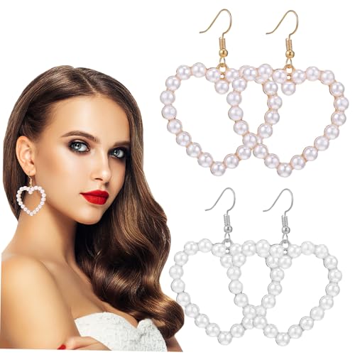 Gatuida 2 Paare Damen Ohrringe mit Perlen und Hohlem Liebesherz Leichte Dangle Drop Ohrringe Romantischer Schmuck für Hochzeit Party Valentinstag von Gatuida
