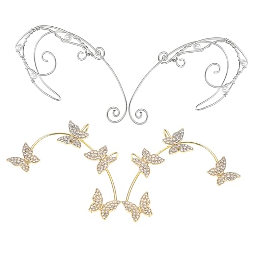 Gatuida 2 Paare Ohrschmuck Schmetterling Ohrclips und Elfen Ohrclips Damen Leicht zu Tragen mit Funkelnden Strasssteinen für Party Hochzeit von Gatuida