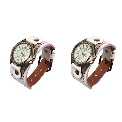 Gatuida 2stücke Retro Echtleder Armbanduhr Mit Römischen Ziffern Elegante Quarzuhr Für Damen Vintage Stil Weiß Für Besondere Anlässe Und Alltag von Gatuida