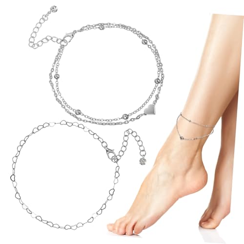 Gatuida 2 Stück Verstellbare Damen Fußkette Teiliges mit Herzanhänger Einzel und Doppelschicht Boho Stil Legierung Schmuck für Strand und Alltag Kombinierbar als Armband von Gatuida